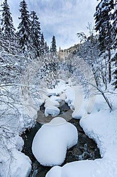 Winter landscape with mountain stram, forest, sky