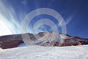 Winter landscape with mountains and blue sky. Zabljak, Montenegro.