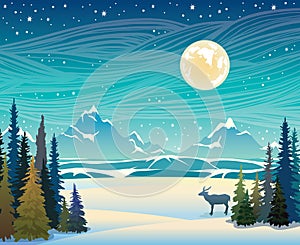 Winter landscape - mountains, forest, deer and night starry sky