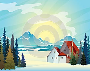 Winter landscape - mountains, forest and house