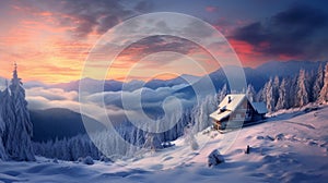 Winter landscape of mountains and forest, snow-covered valley with a small house secluded in the pink rays of the sunset