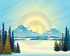 Winter landscape - mountains, forest, sun and birds