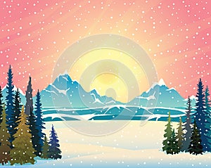 Winter landscape - mountains, forest, sunset and sun