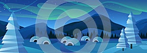 Winter landscape with mountains and Northern Lights, snowy scene with cute igloo