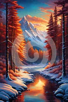Winter landscape with mountains and river, magic valley, illustration, ai generated