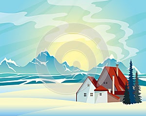 Winter landscape - mountains, snow and house