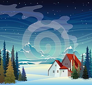 Winter landscape - mountains, snow and house at night