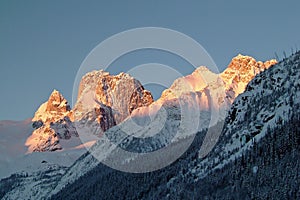 Winter landscape with mountains and trees in The Bugaboos, Purcell Mountains, Bugaboo Provincial Park, Britisch Columbia