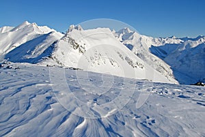 Winter landscape with mountains and trees in The Bugaboos, Purcell Mountains, Bugaboo Provincial Park, Britisch Columbia