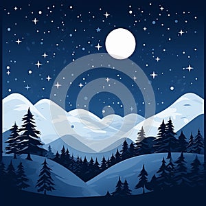 winter landscape with mountains and trees at night with a full moon in the sky