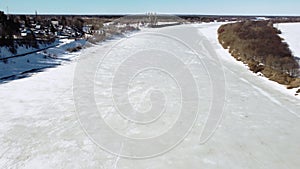 Winter landscape near the river during dron fly