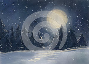 Winter landscape at night illustration oil painting style
