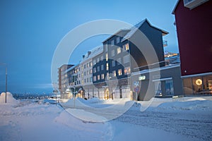 Winter landscape at night in Kiruna Lapland Sweden at night. Photographed 9 February 2024.