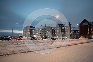 Winter landscape at night in Kiruna Lapland Sweden at night. Photographed 9 February 2024.