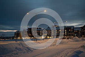 Winter landscape at night in Kiruna Lapland Sweden at night. Photographed 9 February 2024.