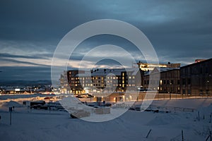 Winter landscape at night in Kiruna Lapland Sweden at night. Photographed 9 February 2024.