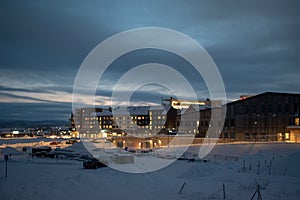 Winter landscape at night in Kiruna Lapland Sweden at night. Photographed 9 February 2024.