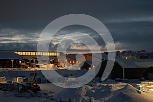 Winter landscape at night in Kiruna Lapland Sweden at night. Photographed 9 February 2024.