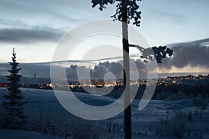 Winter landscape at night in Kiruna Lapland Sweden at night. Photographed 9 February 2024.