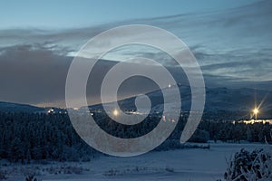 Winter landscape at night in Kiruna Lapland Sweden at night. Photographed 9 February 2024.