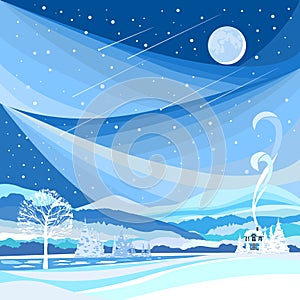 Winter landscape. Night landscape with the moon and Starfall