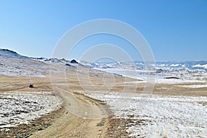 Winter Landscape of Olkhon Island and Frozen Lake Baikal in Siberia