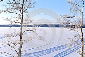 Winter landscape over a frozen lake in Finland