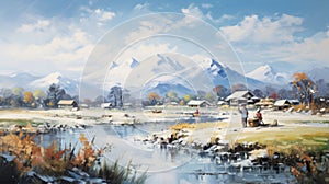 Winter Landscape Painting Of A River With Snow Capped Mountains