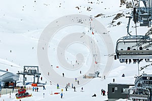 Winter landscape - Panorama of the ski resort with ski slopes and ski lifts. Alps. Austria. Pitztaler Gletscher. Wildspitzbahn
