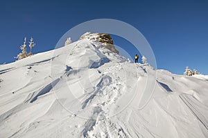Winter landscape panorama. Snow cowered mountains after snowfall