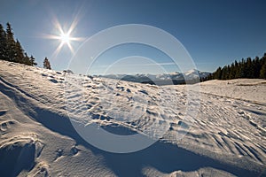 Winter landscape panorama with snowy landscape hills, distant white mountains, dark forest and clear blue sky with bright sun