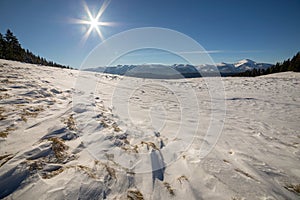 Winter landscape panorama with snowy landscape hills, distant white mountains, dark forest and clear blue sky with bright sun