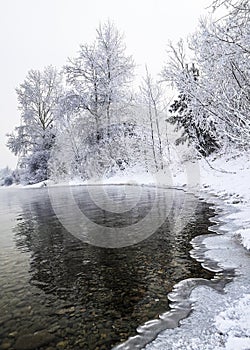 Winter landscape. Panoramic Russian winter landscape with forest, beautiful frozen river.