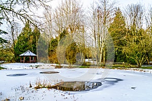 Winter landscape a partly frozen pond in Campbell Valley Park