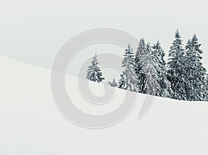 Winter landscape with pine trees covered with fresh white snow. Carpathian Mountains in Romania