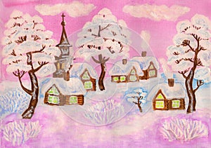 Winter landscape on pink, painting