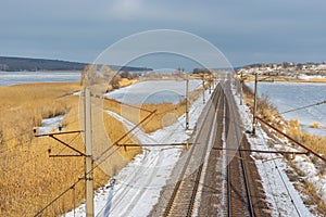 Winter landscape with place where small river Karachokrak flows into Dnipro, Ukraine