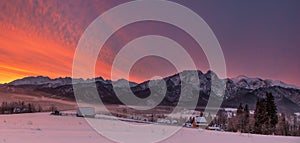 Winter Landscape Of Poland Tatra Mountains & Giewont Peak. View At Most Famous Polish Ski Resort Zakopane From The Top Of Gubalowk photo