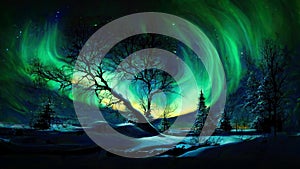 winter landscape with polar aurora. generative ai.