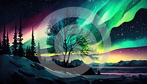 winter landscape with polar aurora. generative ai.