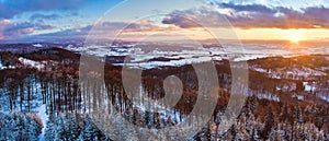 Winter landscape in the Polish mountains of the Sudetes, a panorama from the Klodzka Gora observation tower