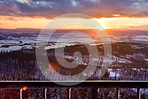 Winter landscape in the Polish mountains of the Sudetes, a panorama from the Klodzka Gora observation tower over the mountain