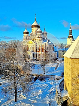 Winter landscape with the pompous Alexander Nevsky Cathedral in the old town of Tallinn