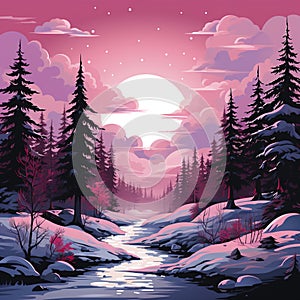 Winter landscape in purple hues under moonlight