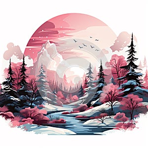 Winter landscape in red and blue hues