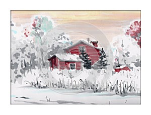 Winter landscape with red house