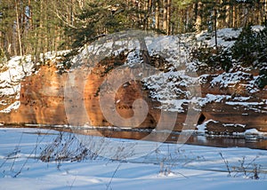 Winter landscape with red sandstone cliffs on the bank of the river Salaca, the sun shines on the trees and the river bank, the