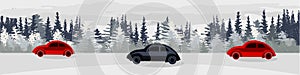 winter landscape reflection with fair trees under the snow background and car. Nature landscape. Pine spruce christmas tree. Ve