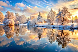 Winter Landscape with Reflection in the Water. Winter Landscape with Beautiful Reflection in the Water