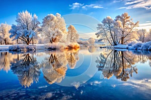 Winter Landscape with Reflection in the Water. Winter Landscape with Beautiful Reflection in the Water